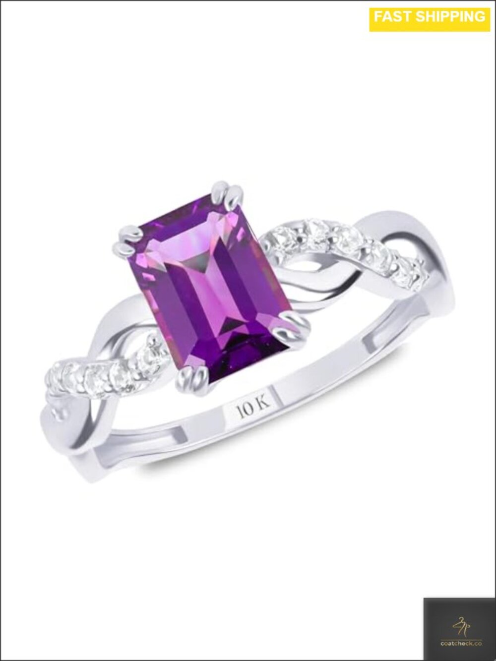 10K Gold Emerald Cut Amethyst Ring Twisted Band Birthstone Cocktail - Size 7